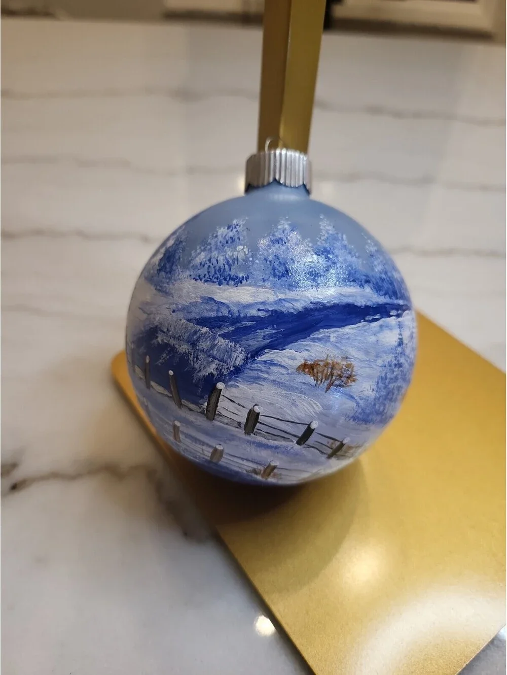 Vtg Glass Hand Painted Signed Ornament EUC Winter Snow Day Farm Scene 3.5” OOAK